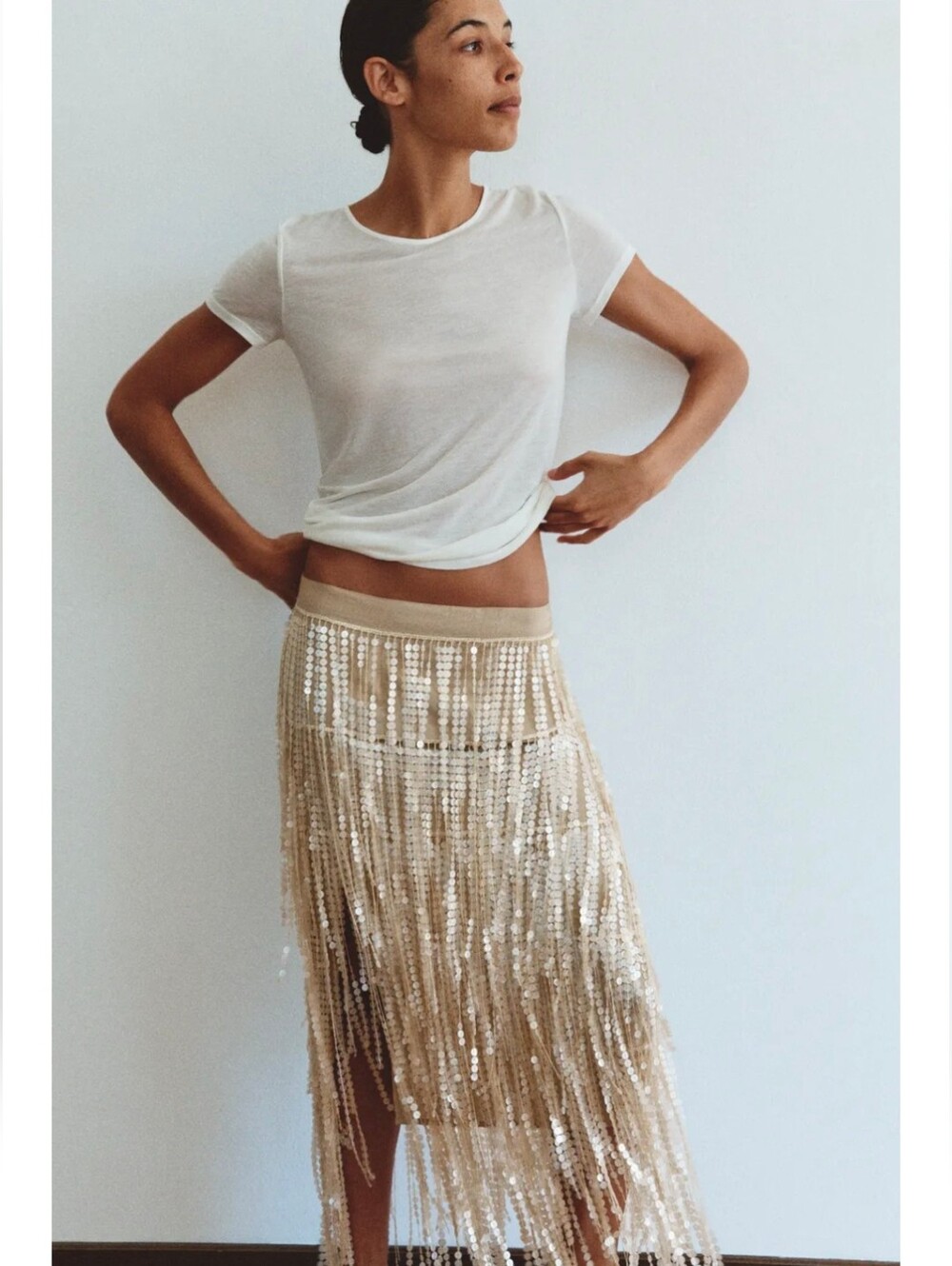 ZARA SEQUIN FRINGE MIDI SKIRT